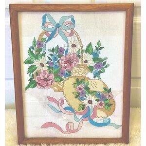 Vintage 80s Framed Cottagecore Cross-Stitch Flower Basket, Sun Bonnet Hat